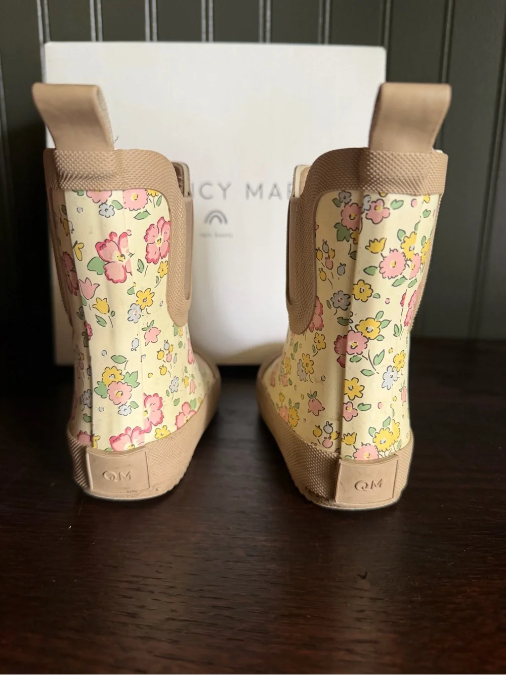 Quincy Mae Cream Floral Rain Boots with Tan Trim